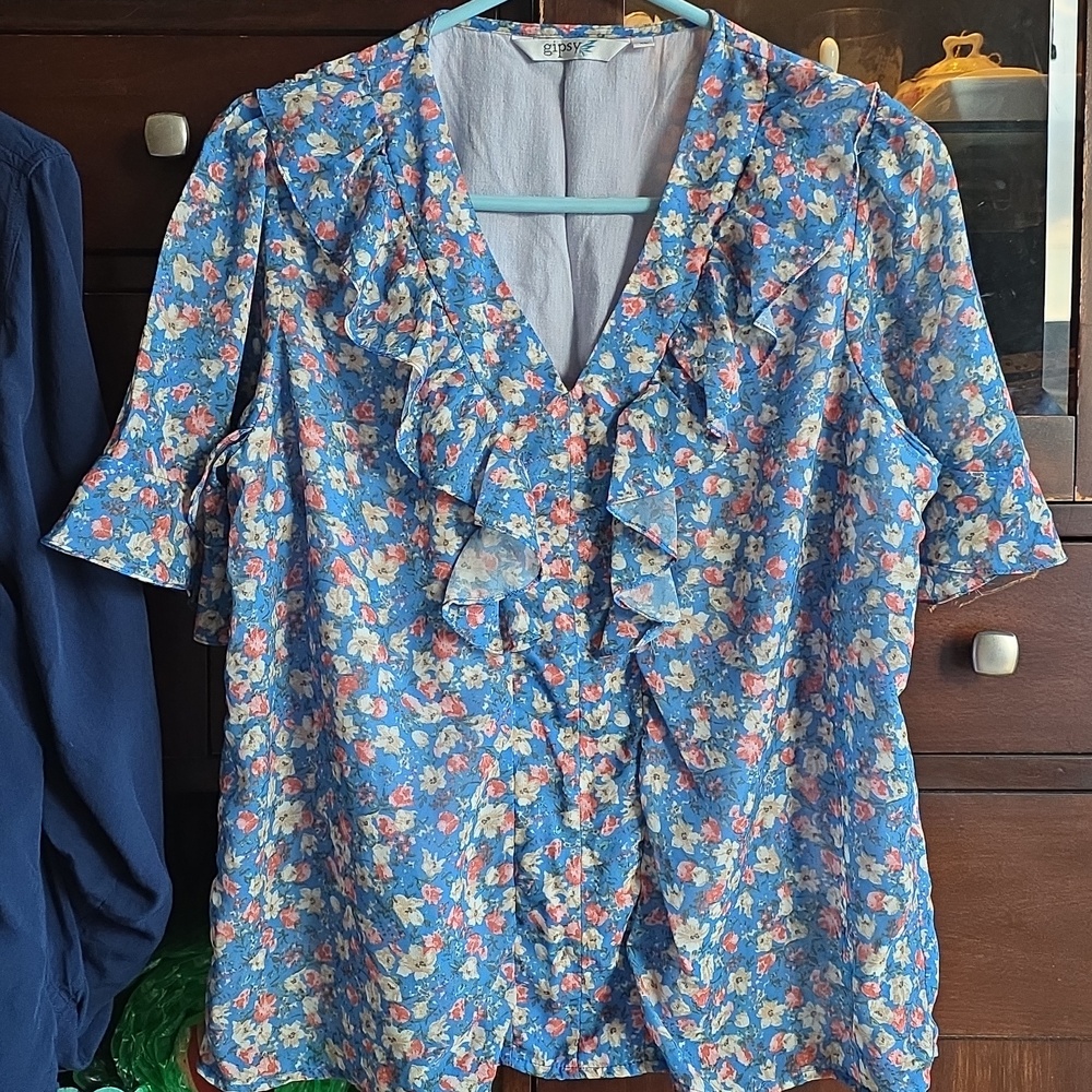 India Authentic Lined Blue Chiffon Floral V Blouse From Delhi